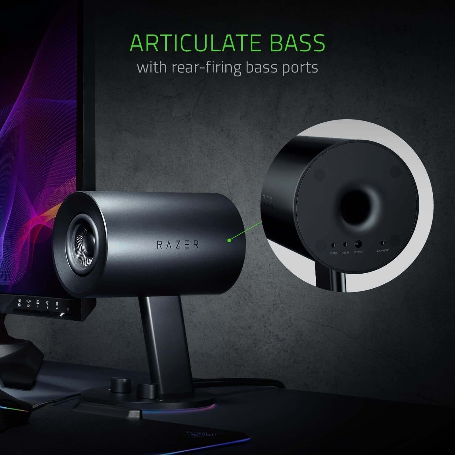 Razer Nommo Chroma gaming speaker showcasing rear-firing bass ports for enhanced audio clarity.