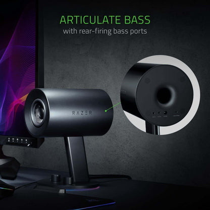 Razer Nommo Chroma gaming speaker showcasing rear-firing bass ports for enhanced audio clarity.