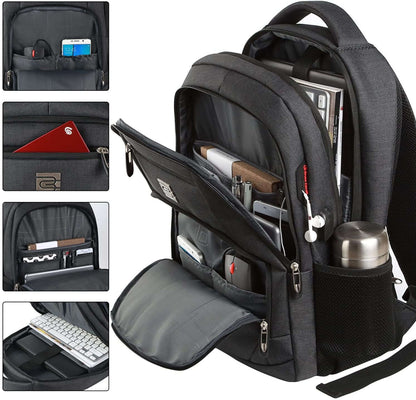 Black laptop backpack with spacious compartments and pockets, designed for organization and convenience in travel.